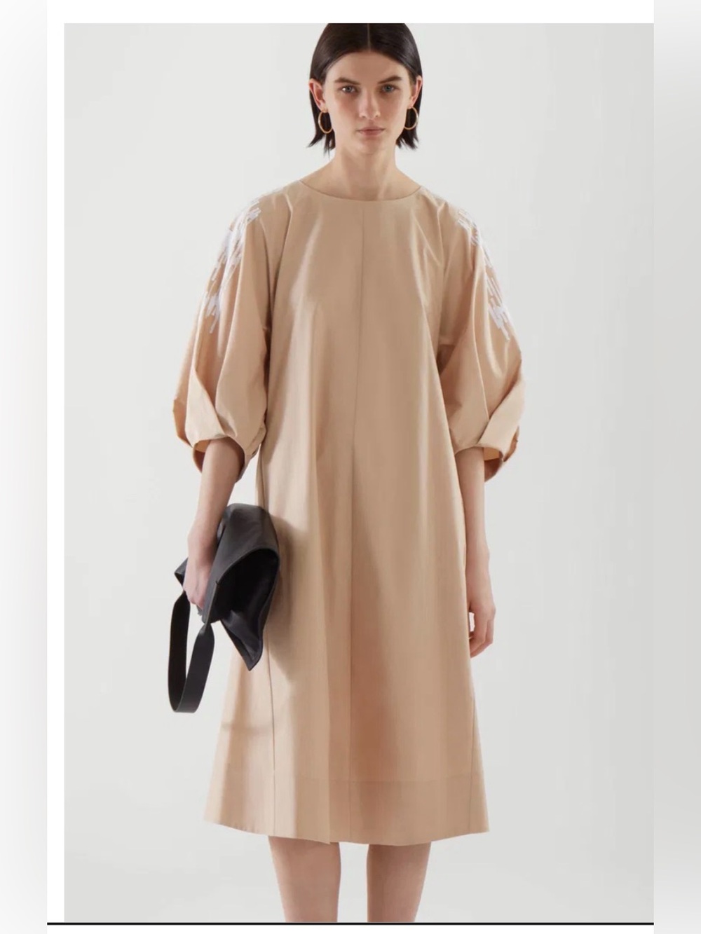COS Beige Embroidered Puff Sleeve Midi Dress Minimalist Oversized Cotton Size 2